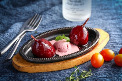 Red Wine Poached Pear with Strawberry Frosting